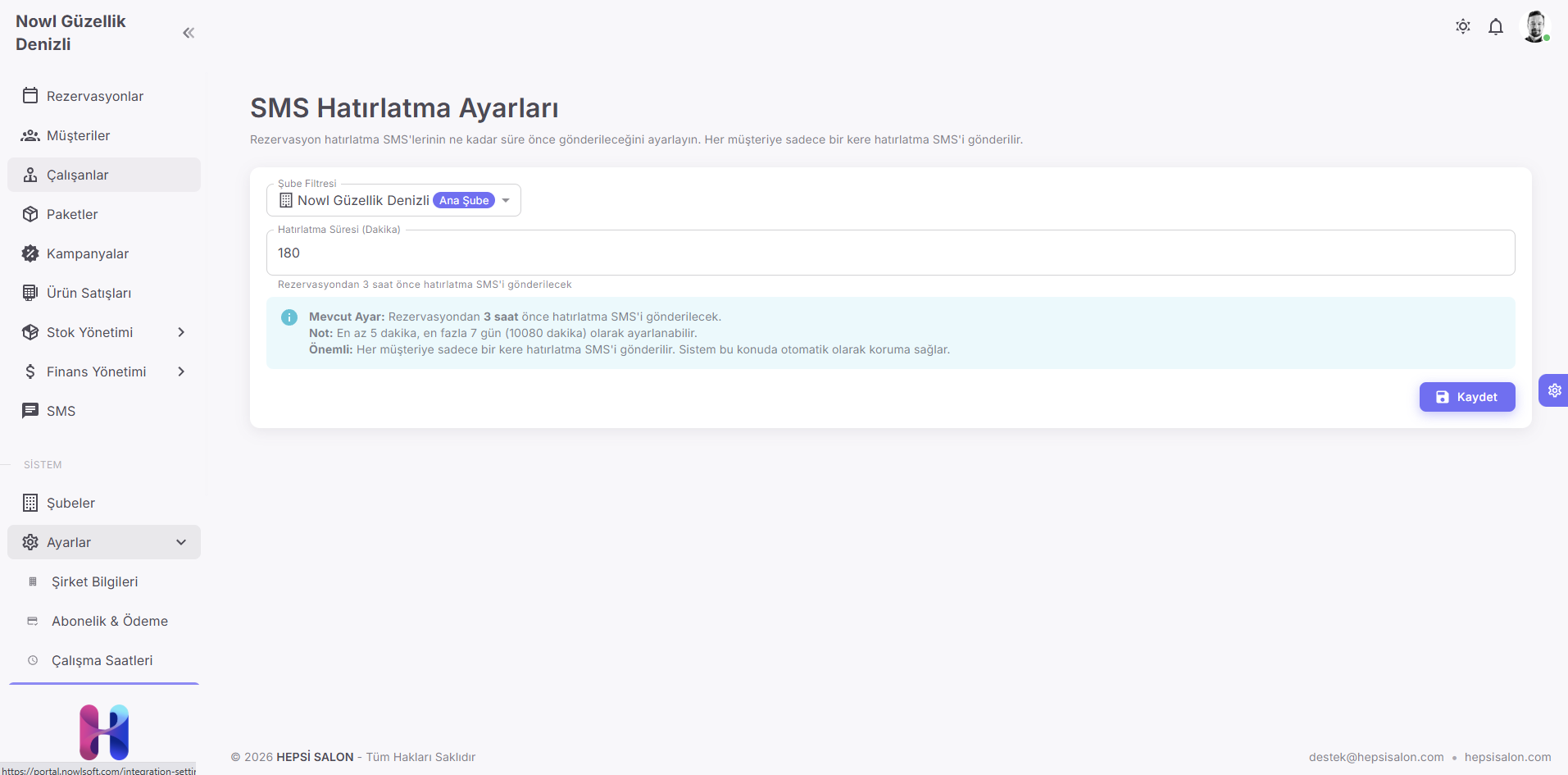 SMS Hatırlatma Ayarları